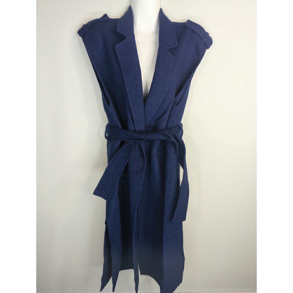 Sandro Paris Blue Wool Belted Vest Long Coat Outdoor Topper Layer Size 8 - Picture 5 of 13